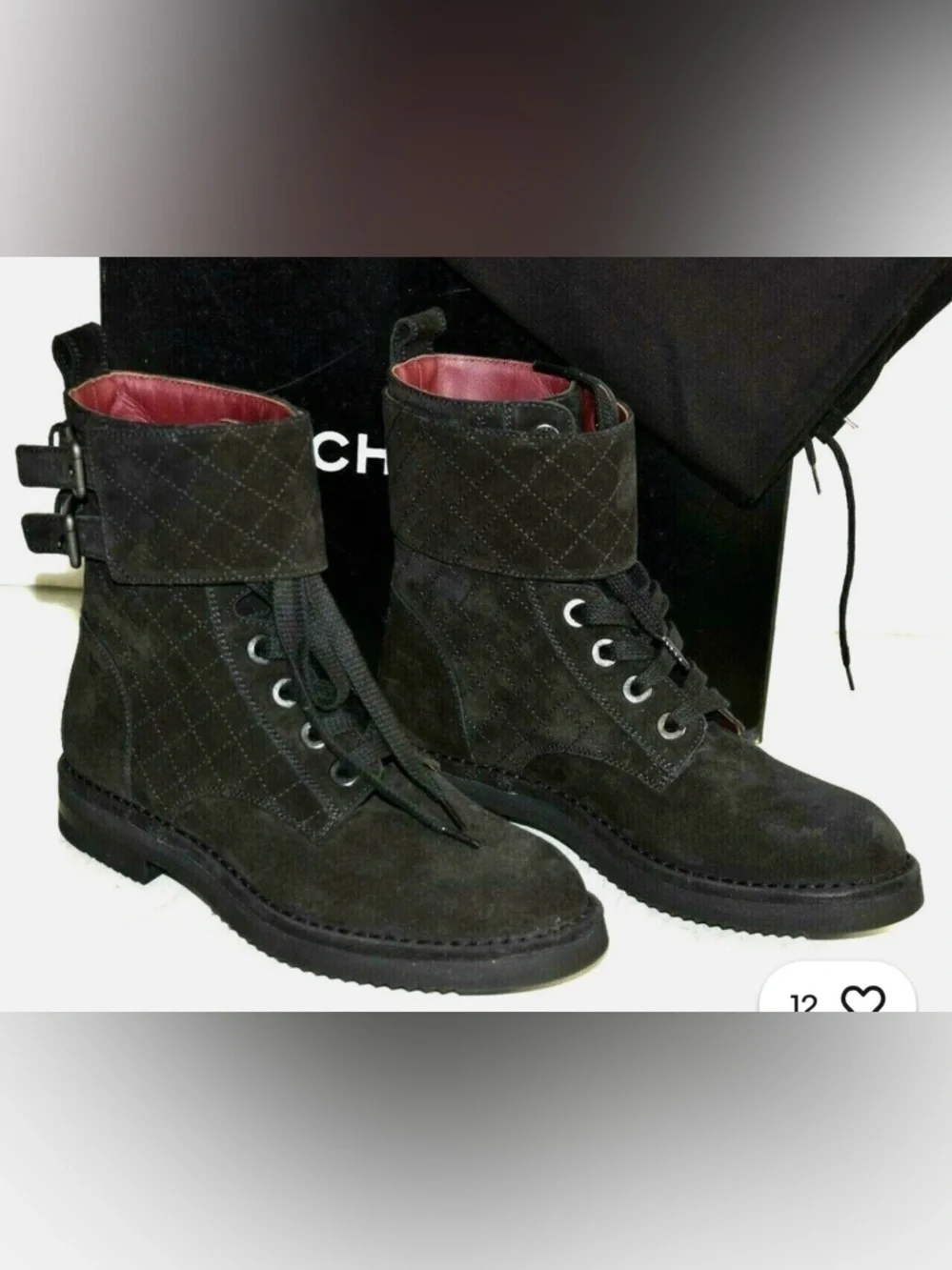 CHANEL Quilted Black Suede Lace Up Combat Flat Moto Short Boots Shoes size 37.5